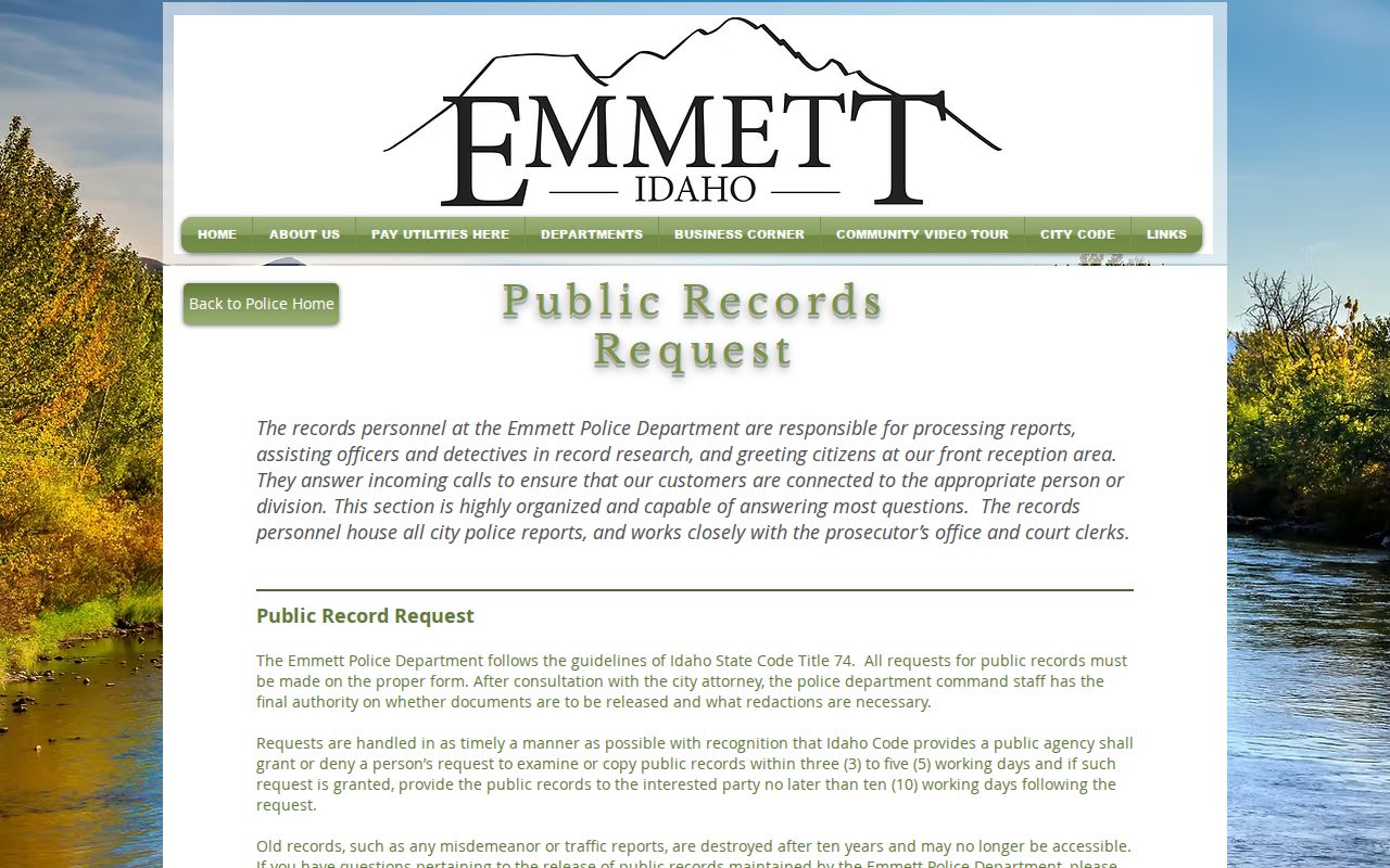 Emmett Police Department public records request page for city arrest records
