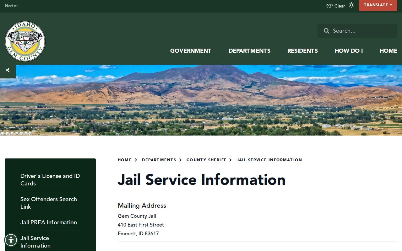Gem County Jail service and booking records information page
