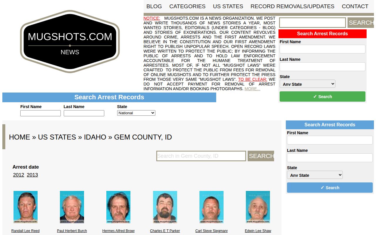 Unofficial Gem County arrest-record section at Mugshots.com