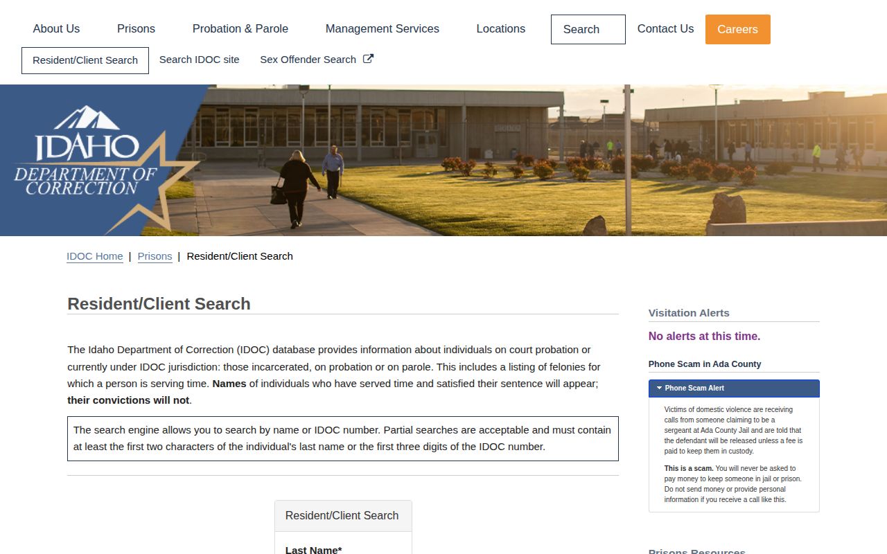 Idaho Department of Correction state-custody record search for Gem County cases